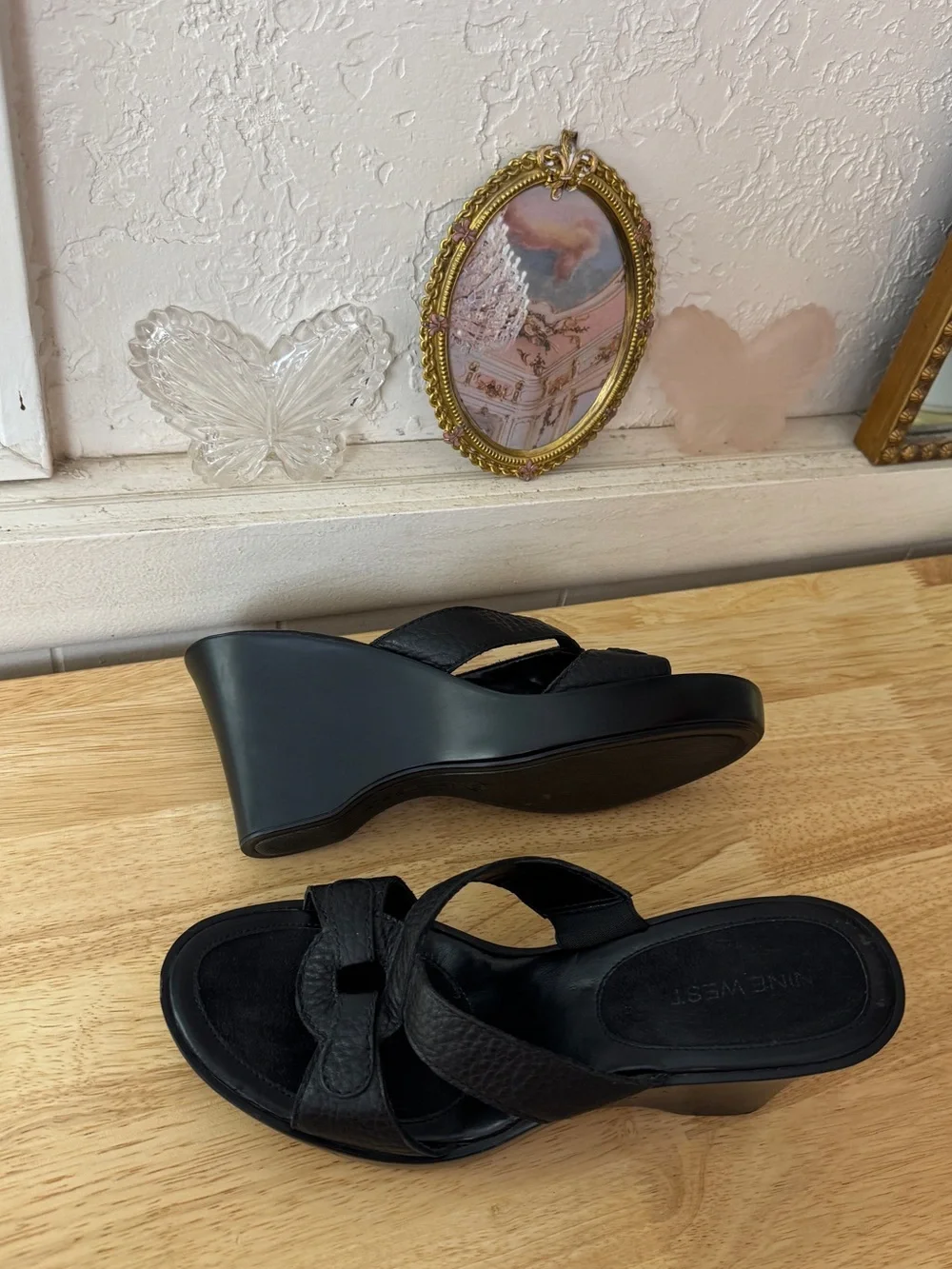 Nine West Black Leather Platform Wedge Slide Sandals Size 7.5 Y2K Minimalist